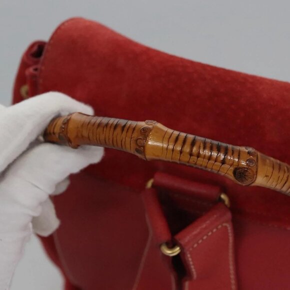 GUCCI Bamboo Backpack Suede Leather Red Gold - Picture 9 of 16